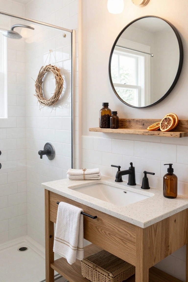 Small bathroom with white subway tile walls, glass shower enclosure with wheat wreath, round black mirror, oak vanity sink, wooden shelf holding glass jars and dried orange slices, and folded white towels.