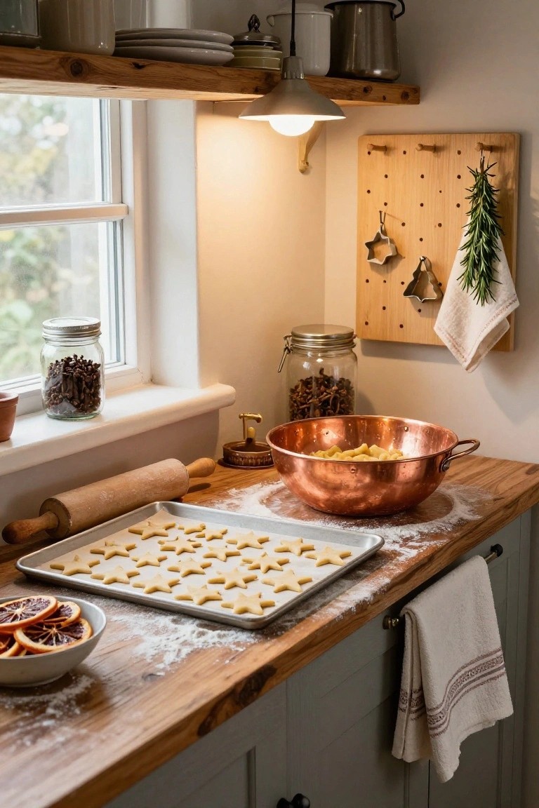 Flour-dusted wooden kitchen countertop holding a baking sheet of unbaked star-shaped cookies, rolling pin, copper bowl of diced apples, jars of cloves and star anise nearby, with pegboard displaying cookie cutters and hanging rosemary.