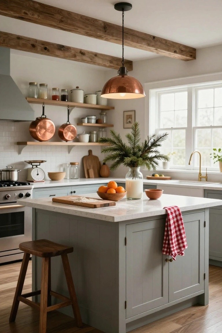 Country kitchen interior with exposed wood beam ceiling, copper pots on shelves, white subway tile backsplash, gray island with white quartz top holding wooden bowl of oranges, mason jar of fir branches, candle, and red checkered towel, wooden stool, and window light.