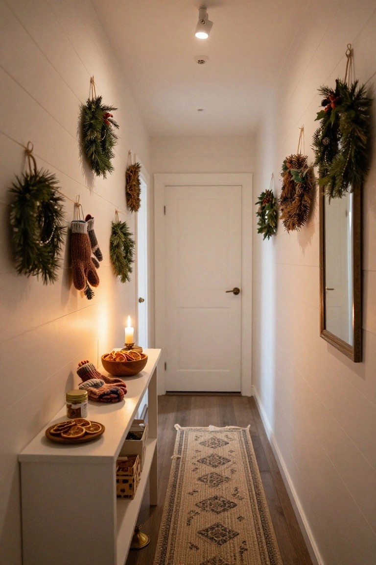 Narrow white shiplap hallway decorated for Christmas with multiple evergreen wreaths and hanging wool mittens on one wall, a white console table holding a wooden bowl of oranges, a candle, and dried fruit, a patterned runner rug on wood floors, a mirror on the opposite wall, and a white door at the end.