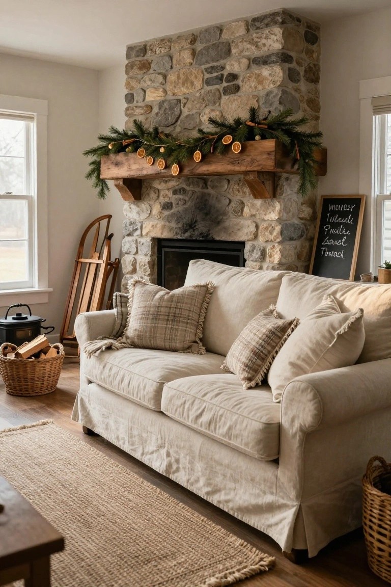 Stone fireplace with wooden mantel holding pine garland, dried oranges, cinnamon sticks, and small ornaments; cream sofa with plaid pillows nearby in a light-filled living room.