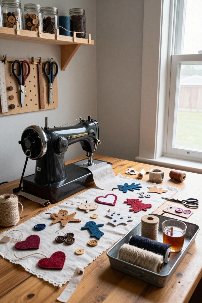 Wooden table holding a black vintage sewing machine, colorful felt Christmas ornament cutouts including gingerbread figures and hearts, scissors, buttons in glass jars on wall shelves, and thread spools in a metal tray, inside a light-filled sewing room.