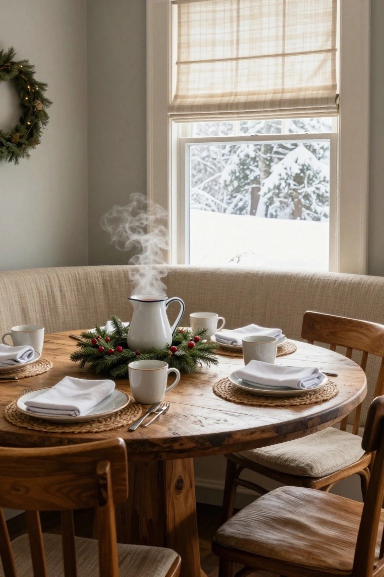 Round wooden dining table in a cozy interior with a white enameled teapot centered in a flat evergreen wreath with red berries, set with white dishes and cups, beside a window showing snowy landscape outside.
