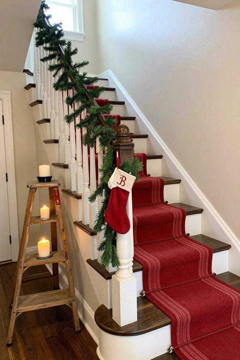 White wooden staircase railing wrapped in green garland with a red stocking hanging near the bottom, red carpet runner on the steps, and pillar candles on a wooden step ladder beside the stairs.
