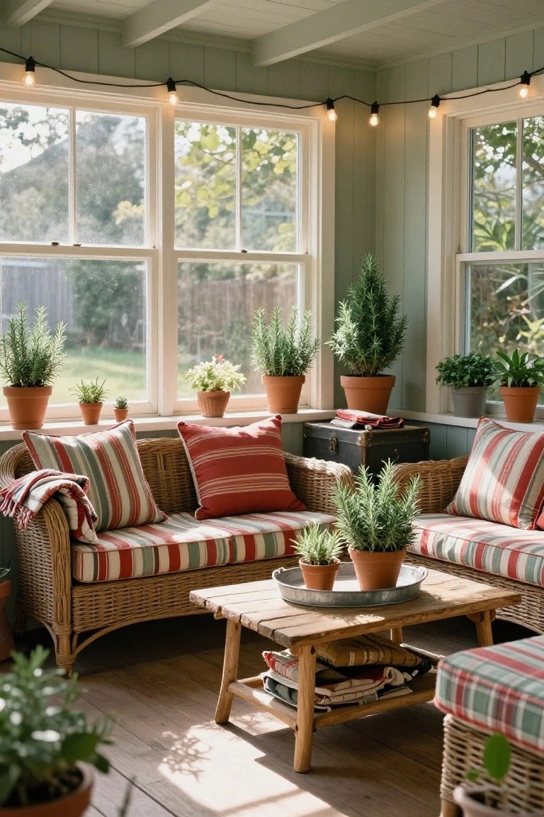 Sunroom interior featuring wicker sofas with red, white, and green striped cushions, a wooden coffee table, multiple potted plants including small fir trees and rosemary, and string lights strung along the ceiling.