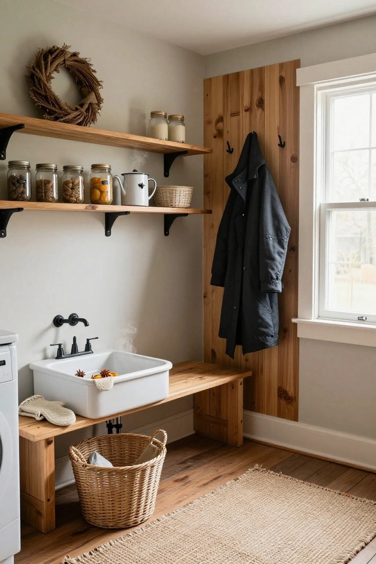 Laundry room interior with a vertical wood-plank accent wall holding open shelves stocked with glass jars, a white teapot, and a woven basket, coat hooks with a black jacket, farmhouse sink filled with star anise, wood bench, white washer, and wicker laundry basket on hardwood floor.