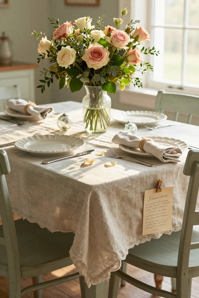 Dining table set for four with white plates, linen napkins tied with twine, silverware, blush pink and white roses in a glass vase, scattered petals, small glass ornaments, and a handwritten note clipped to a green chair back, in a sunlit room.