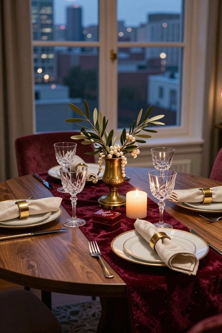 Round wooden dining table in a room with large windows showing a city skyline at dusk, set for two with white plates, gold napkin rings on folded napkins, crystal stemware, red velvet runner, gold vase of olive branches and pearls, lit white candle, and small red gift box.