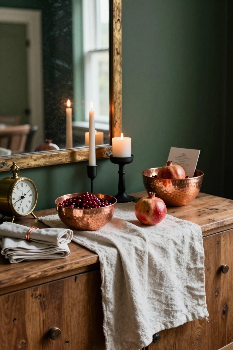 Copper Bowls with Cranberries and Pomegranates