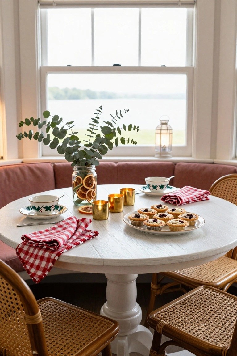 Round white table in a pink cushioned banquette seating area beside a large window with lake view, set with brass candle holders, platter of mince pies, jar of dried oranges and eucalyptus branches, green-edged plates and teacups, plus red checkered napkins on rattan chairs.