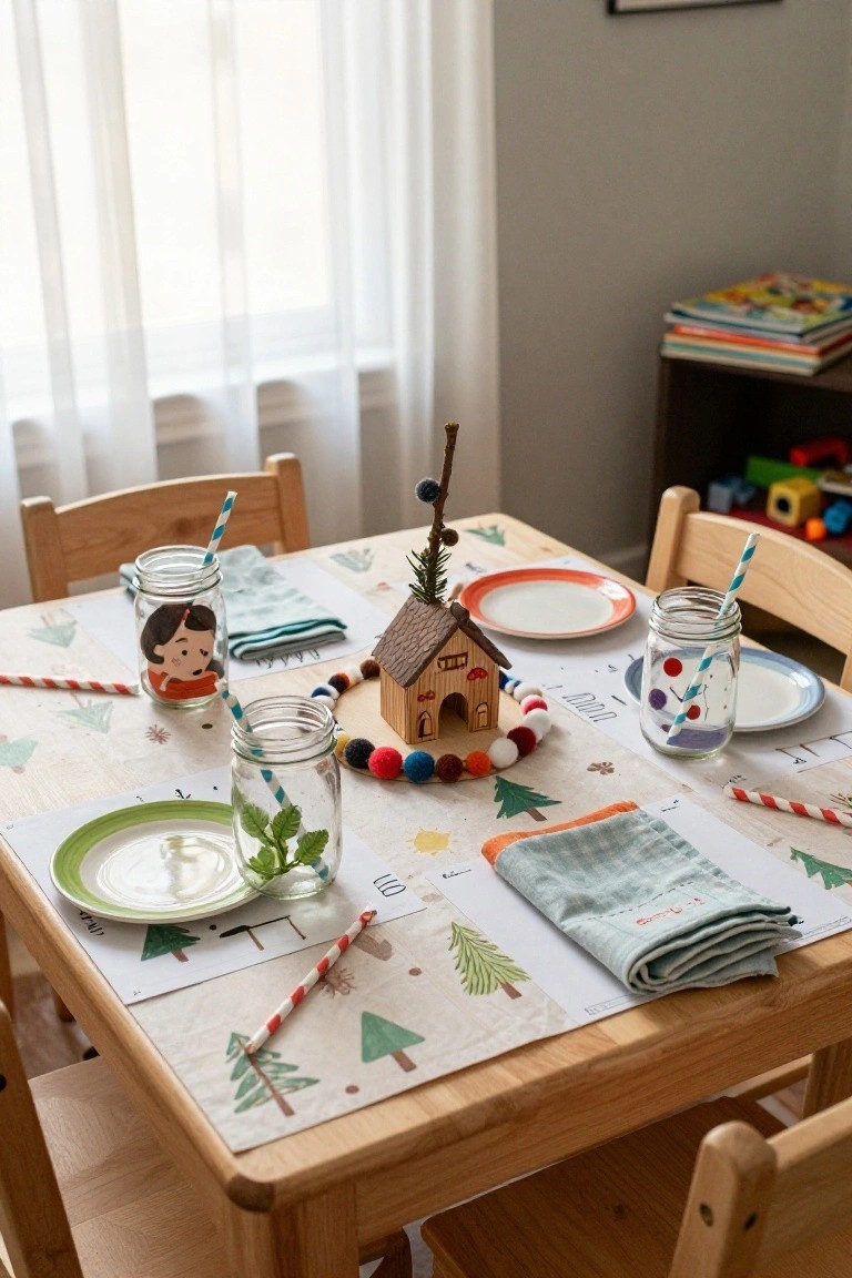 Wooden kids table decorated for Christmas with gingerbread house centerpiece, mason jar glasses with striped straws, forest-themed placemats, colorful plates, napkins, and small trees on a tablecloth.
