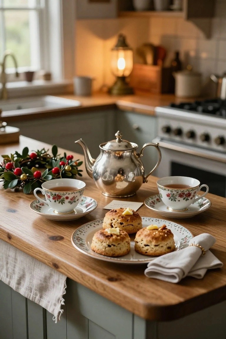 Wooden kitchen island topped with silver teapot, two floral china teacups with saucers containing tea, plate of scones with butter, holly wreath, linen napkin, and gold bracelet in cozy kitchen with green cabinets and holiday decor.