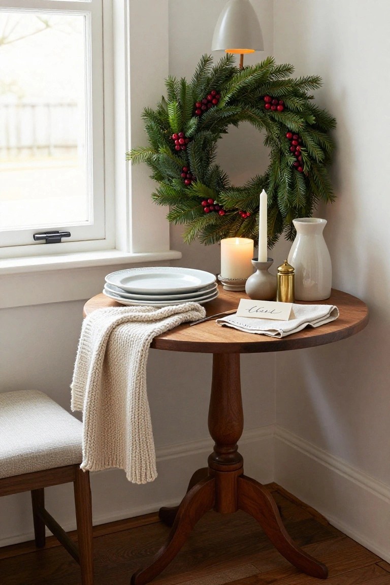 Small round wooden pedestal table in a white corner near a window, topped with stacked white plates, linen napkin with 