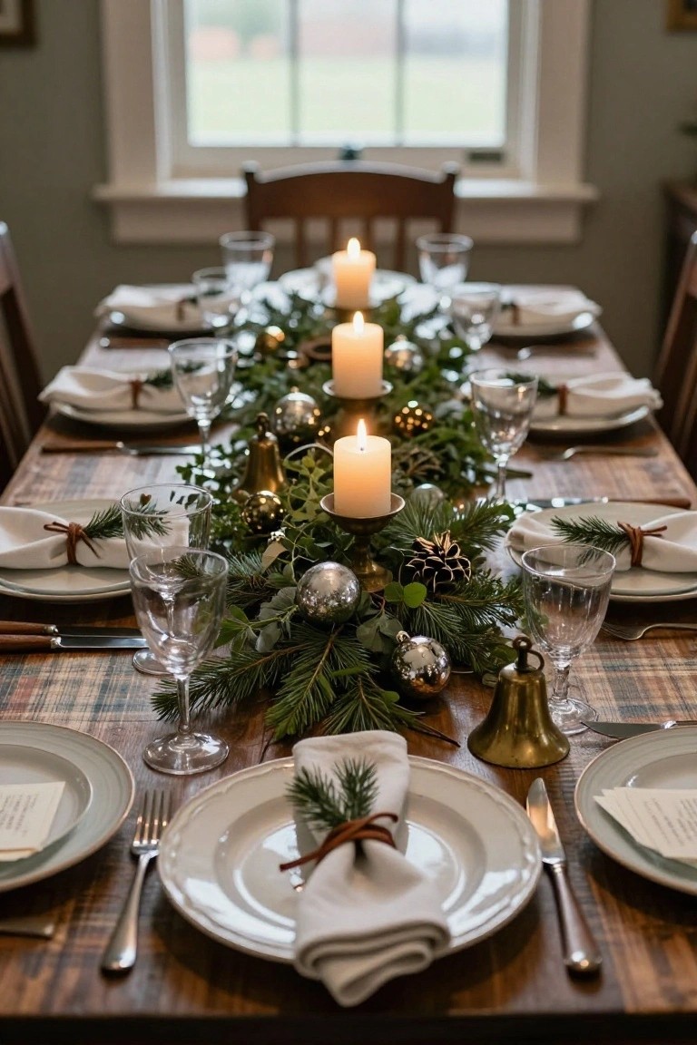 Wooden dining table with plaid runner and central decoration of evergreen garland, white pillar candles, metallic ornaments, pinecones, and brass bells, set with white plates, napkins tied with twine and pine sprigs, glassware, and silverware.