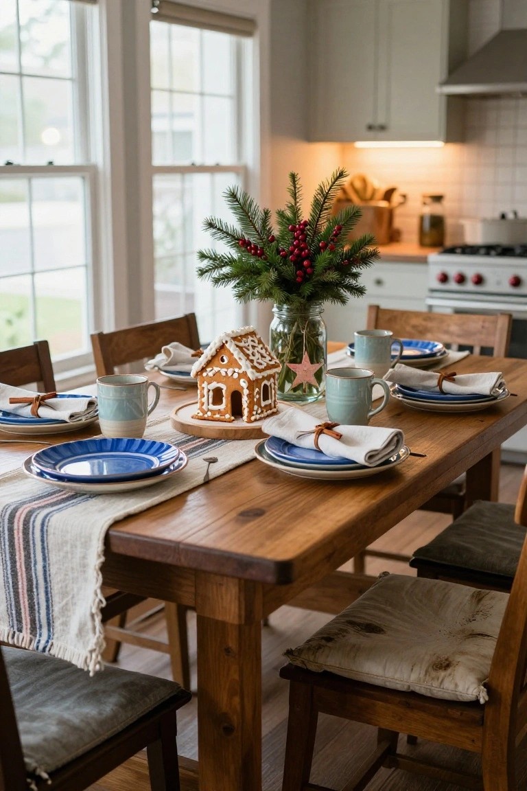 Wooden dining table set for Christmas dinner with gingerbread house centerpiece on wooden base, fir branches and berries in glass jar, blue plates and bowls, linen napkins with leather ties, mugs, and striped runner, viewed from kitchen area with windows and cabinets.