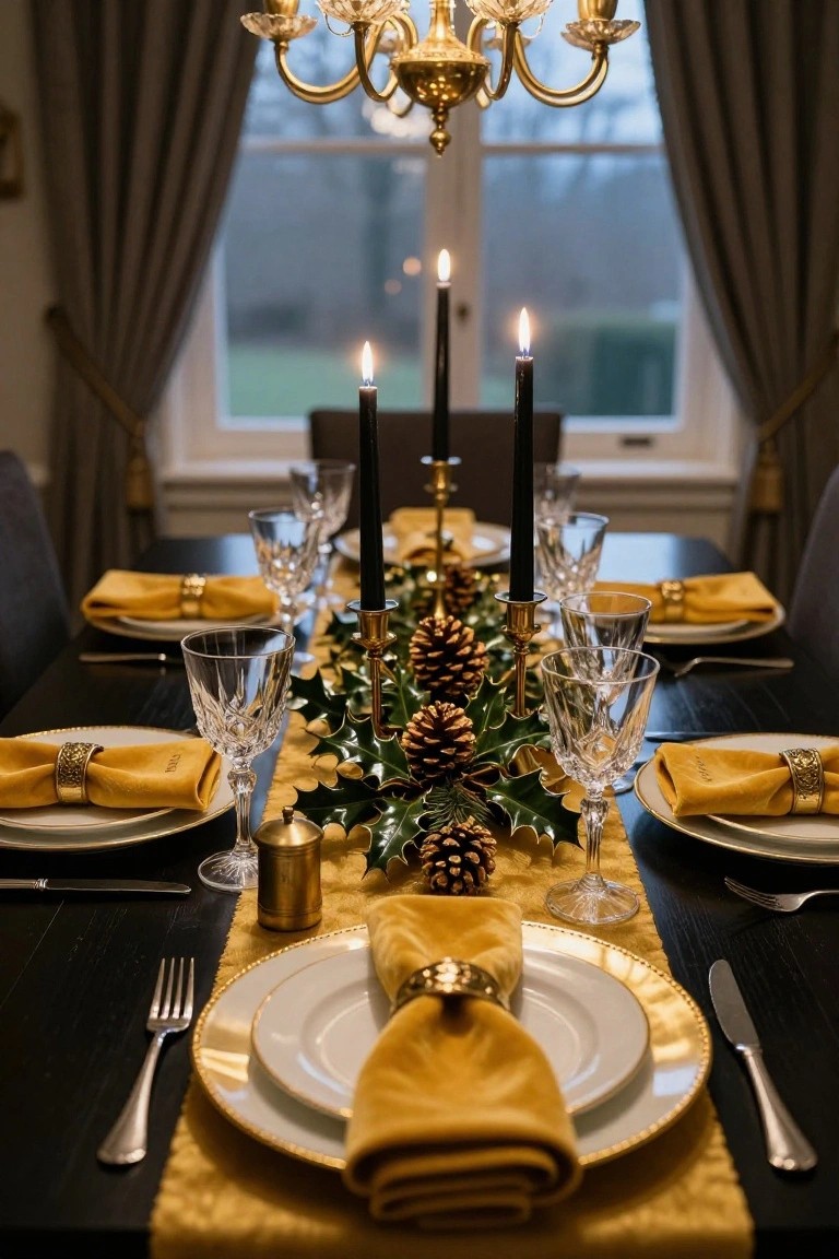 A formal dining table set for Christmas with gold velvet napkins, crystal wine glasses, black taper candles, holly and pinecone centerpiece on a gold runner, dark wood table, and gold-accented chairs in a room with chandelier and draped windows.