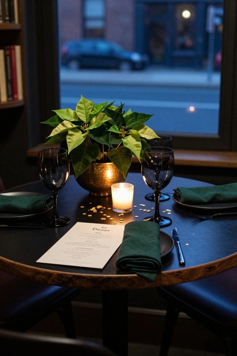 Closeup of a small round live-edge black wooden table set for two with a central potted poinsettia in a copper pot, black plates, green napkins, black wine glasses, a lit glass candle, gold sprinkles, and a white menu, next to bookshelves and a window.