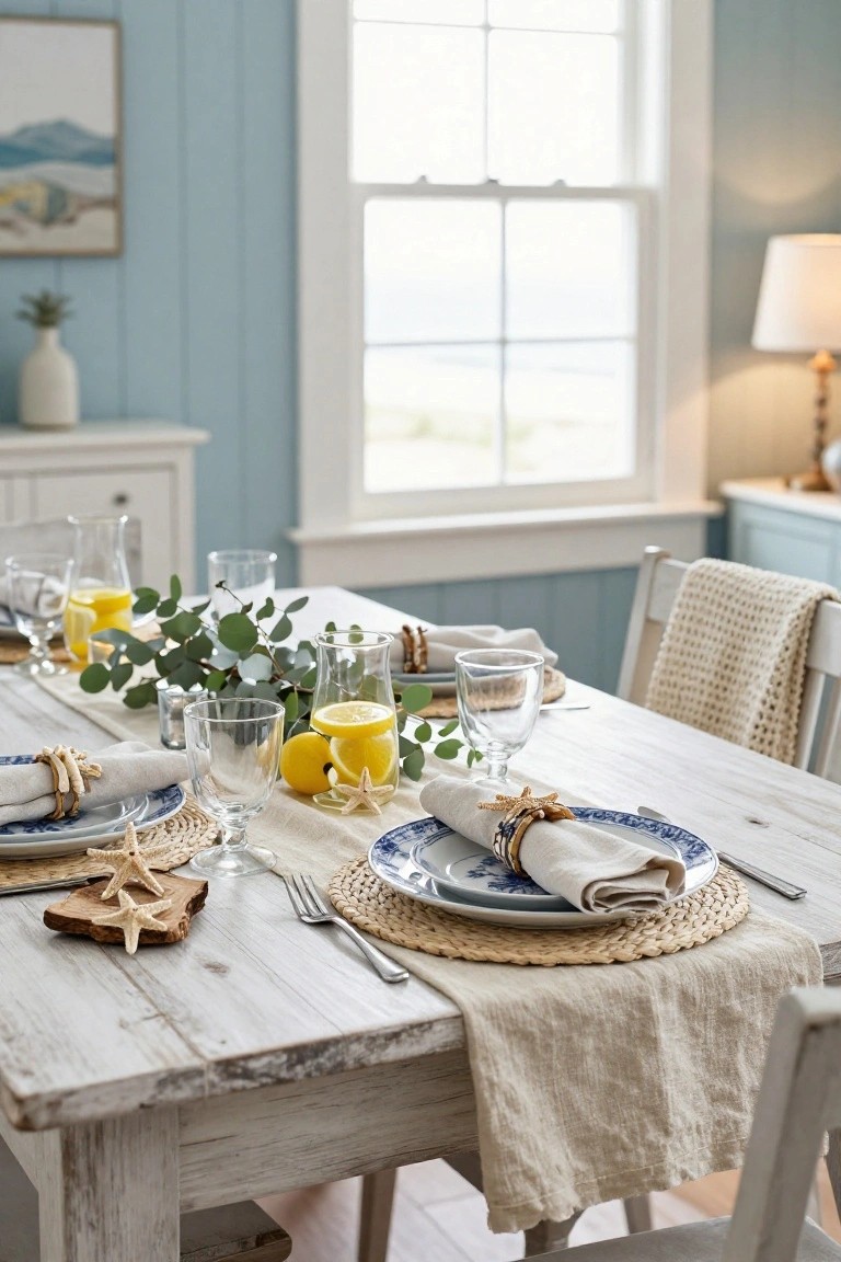 Whitewashed wood dining table set with blue and white plates, eucalyptus branches and lemons as centerpiece, starfish accents on napkins and coasters, glasses, and yellow mugs in a coastal room with blue paneled walls and window to ocean view.