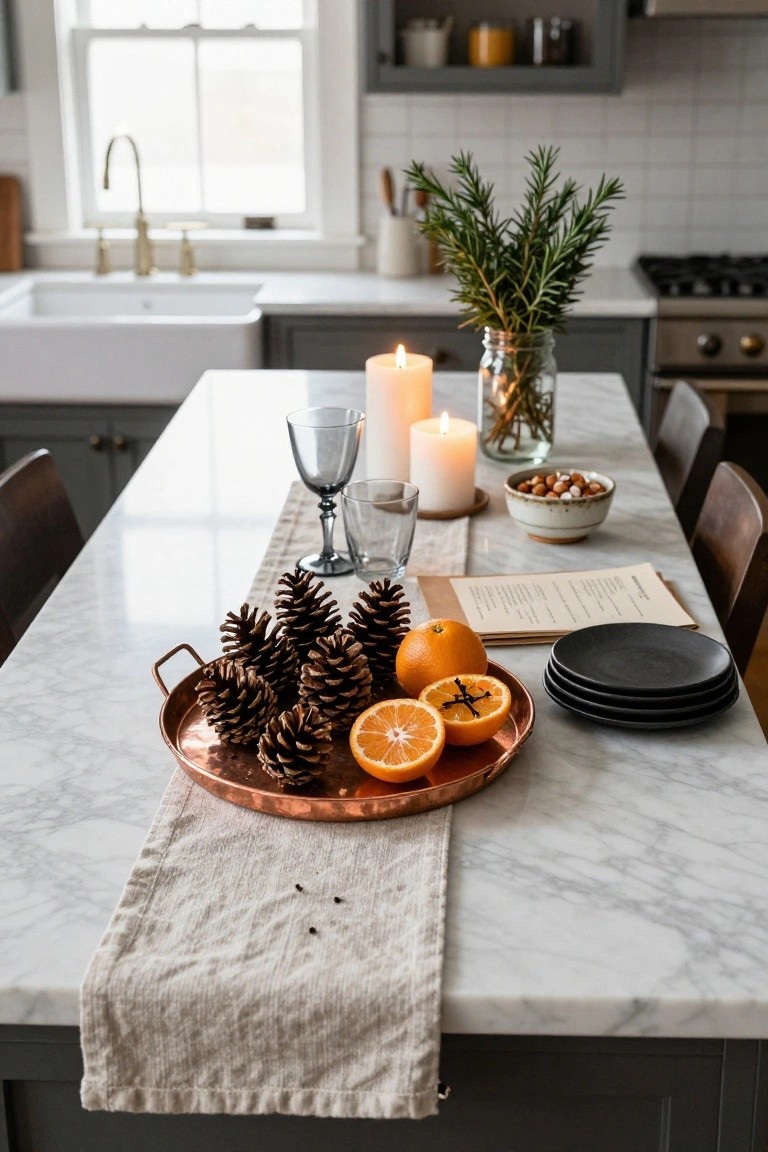 Copper tray on a marble kitchen island holding pinecones and sliced oranges, with candles, a linen runner, stacked black plates, a recipe card, and chairs nearby in a kitchen setting.