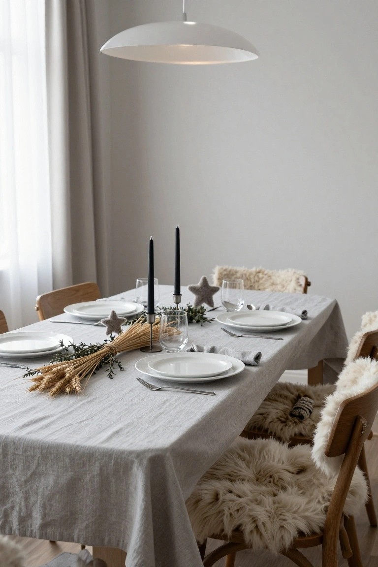 Dining table with gray linen tablecloth set for a meal, featuring white plates, silverware, glasses, bundles of wheat and greenery centerpiece with black taper candles, and wooden chairs with cream sheepskin seat covers in a bright room with sheer window curtains.