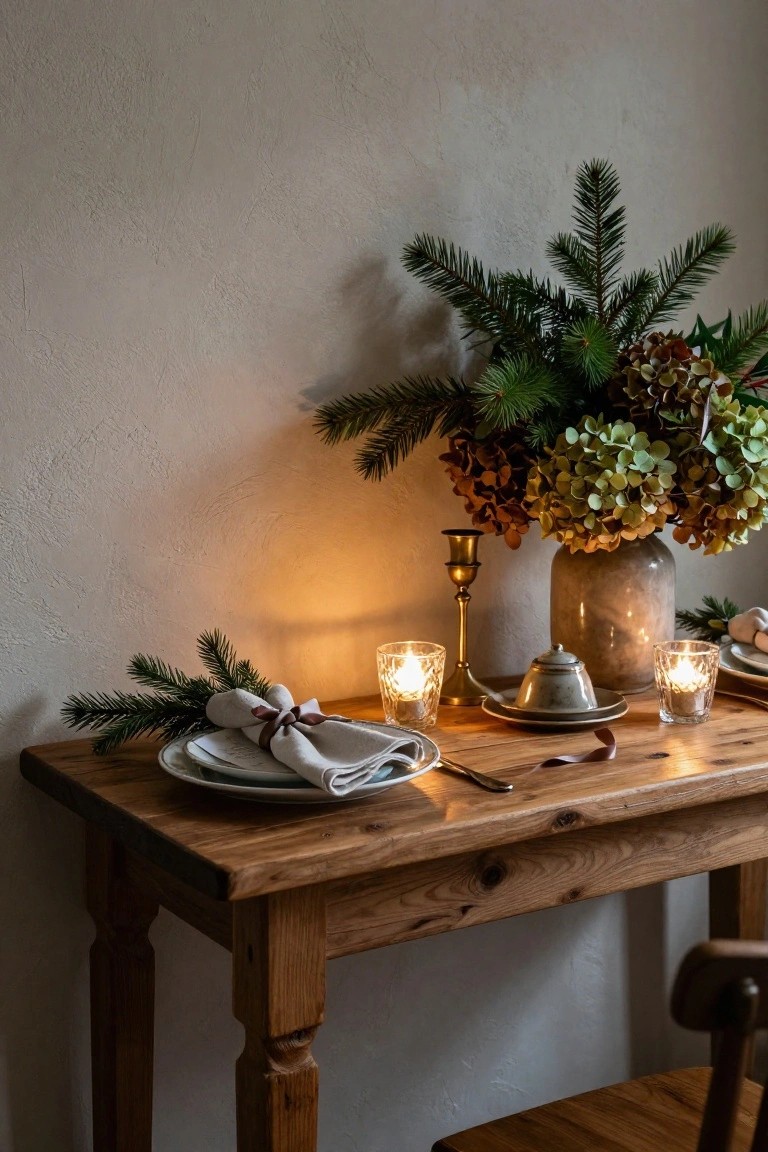 Close-up of a rustic wooden table set with white plates, linen napkins tied with ribbon and pine branches, glass candle holders, a vase of hydrangeas and pine, brass candlestick, and teacup on a saucer, beside a wooden chair against a white plaster wall.