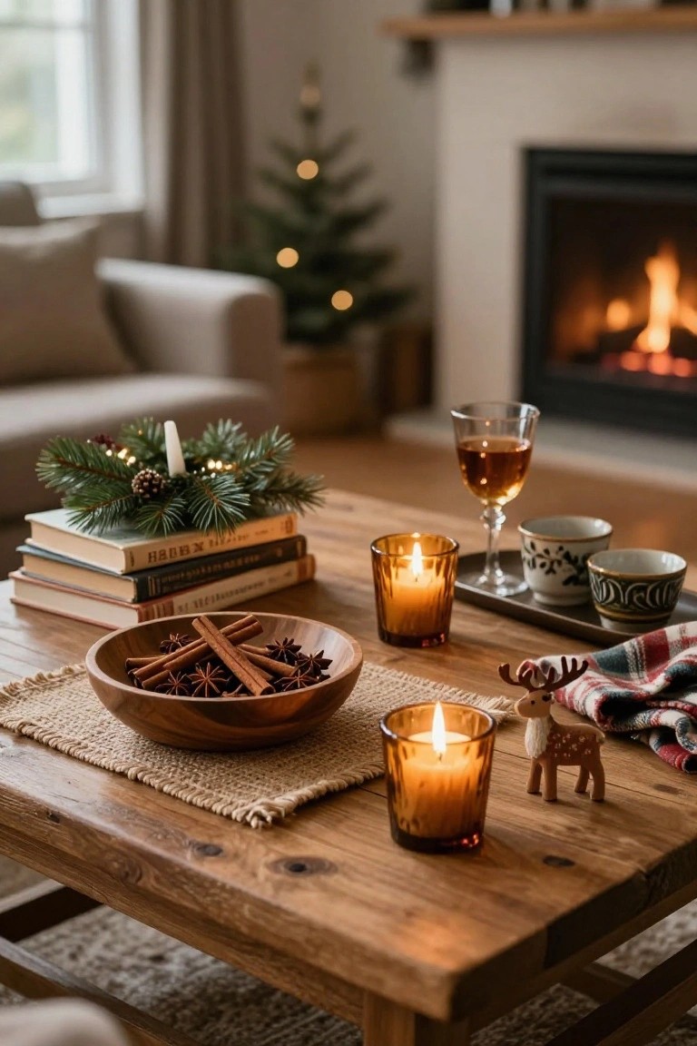 Close-up of a rustic wooden coffee table in a living room with a wooden bowl of cinnamon sticks and star anise, amber glass candles, a wine glass, teacups on a tray, stacked books, evergreen branches with a candle, plaid napkin, small reindeer figure, small Christmas tree, and fireplace in the background.