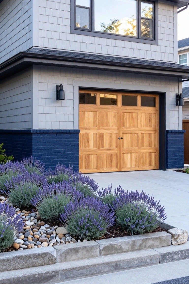 Gray shingle siding house with dark blue brick base under a wooden paneled garage door, flanked by lavender plants and rocks in a concrete-edged bed next to the driveway.