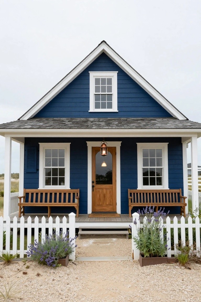 Front exterior of a small dark blue clapboard house with white trim, gabled shingle roof, covered porch, wooden door and benches, white picket fence, and potted lavender plants in a gravel yard.