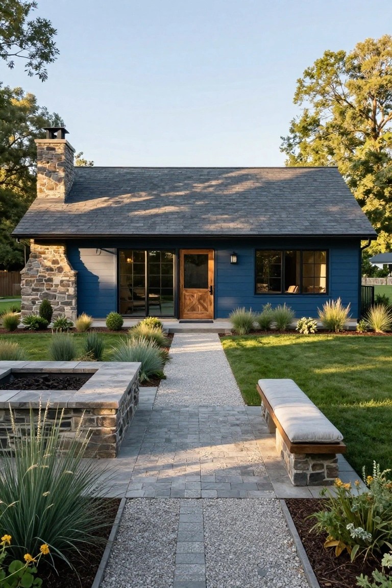 A small gable-roofed house painted dark blue with a tall stone chimney on the left side, wooden front door, black-framed windows, and a stone pathway with fire pit enclosure and bench leading from the street to the entrance amid low plantings and grass.