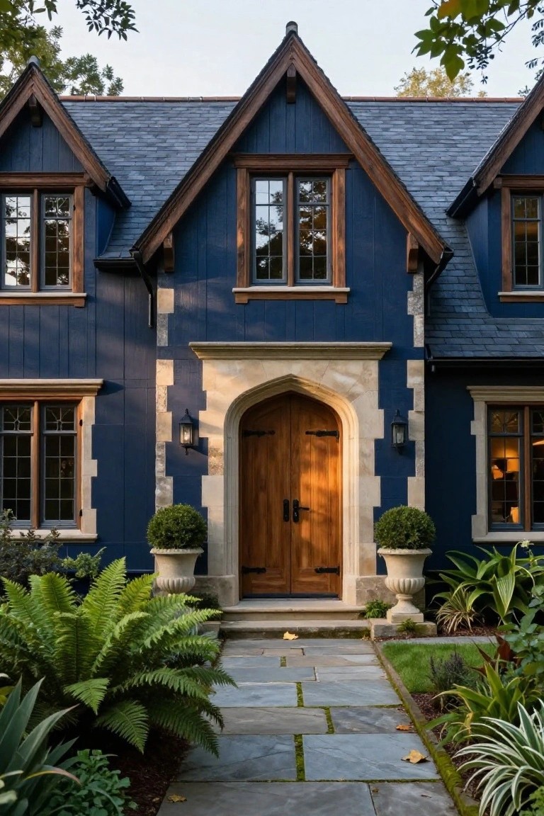 Front view of a dark blue clapboard house with gabled slate roof, featuring a light stone arched entryway with double wooden doors, wall lanterns, potted topiaries, and a slate stone path through front landscaping.