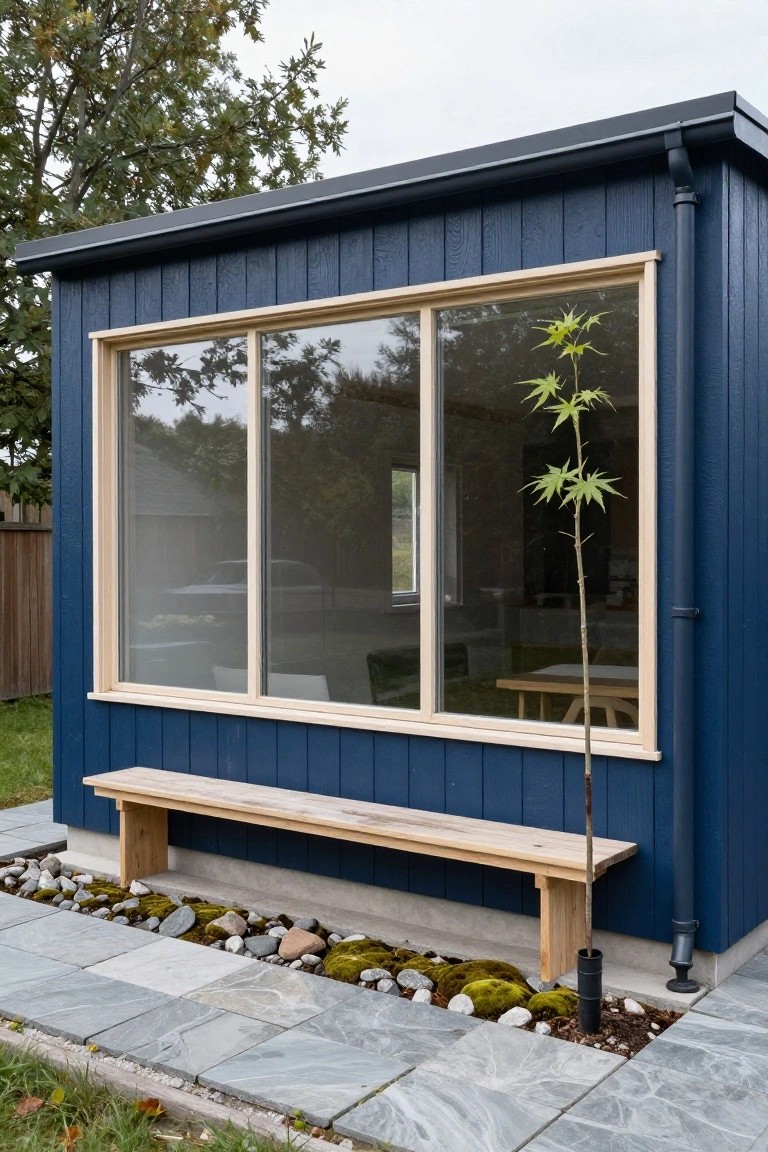 Dark blue vertical board-and-batten shed with large triple-pane window, wooden bench, potted young maple tree, gravel and moss edging, and gray stone pavers in a backyard setting.