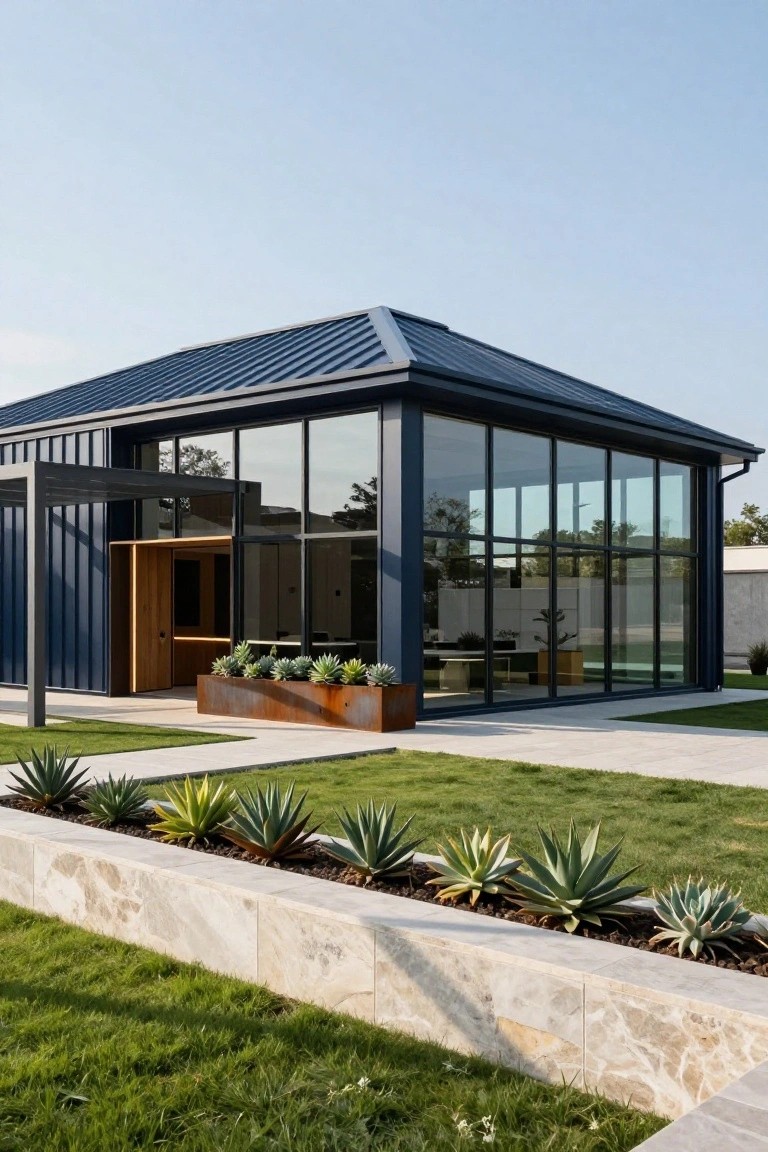 Modern house exterior with dark blue corrugated metal siding and roof, large glass wall, wooden entry door, metal planters with agave, stone retaining wall, and grass lawn.