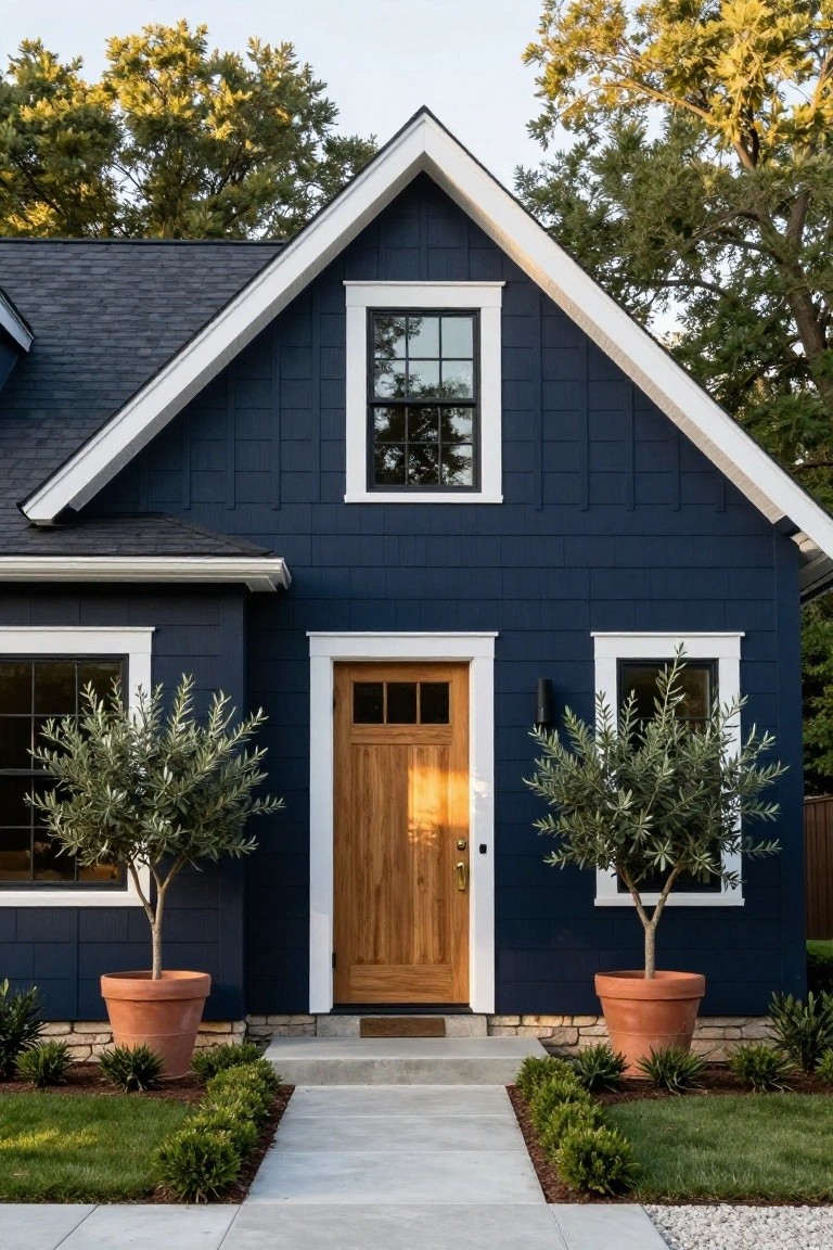 Front exterior of a gable-roofed house painted dark navy blue with white trim, featuring a wooden front door flanked by two large potted olive trees, concrete steps, low boxwood hedges, and a gravel edge in the yard.