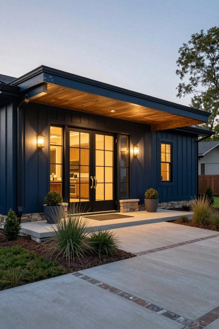 Evening photo of a dark blue board-and-batten house exterior with a wooden overhang above glass double doors, wall lanterns, potted plants, and gravel landscaping along a concrete driveway.