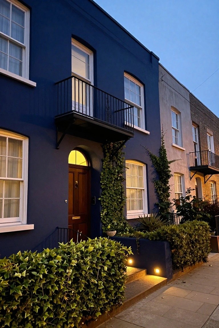 Dark blue terraced house exterior at dusk with white sash windows, black iron balcony, wooden front door, climbing ivy, boxwood hedges, and low path lights along stone steps.