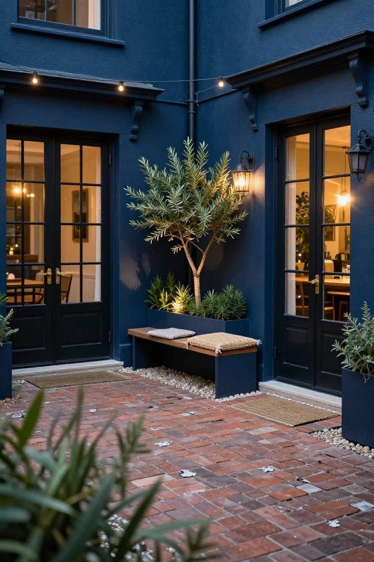 Corner view of a dark blue house exterior featuring two sets of black-framed French doors, an olive tree, potted plants, wooden bench, brick pavers, and string lights.