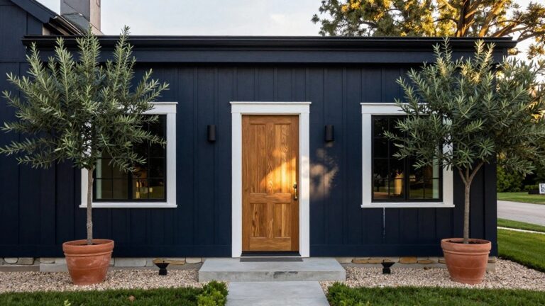 Front exterior of a gable-roofed house painted dark navy blue with white trim, featuring a wooden front door flanked by two large potted olive trees, concrete steps, low boxwood hedges, and a gravel edge in the yard.