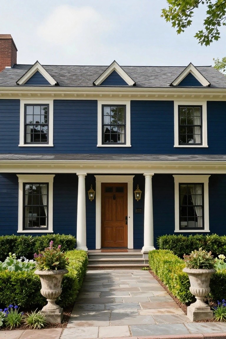 Two-story Colonial-style house with navy blue clapboard siding, white trim around windows and porch, gabled gray roof, Doric columns supporting porch roof, wood front door, stone steps and pathway, boxwood hedges, and stone urn planters with flowers.