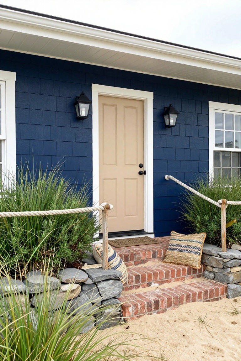 Front view of a dark blue shingled house exterior featuring a beige four-panel door flanked by lanterns, brick steps with rope-wrapped railings, stone retaining walls, and beach grass plantings on sandy ground.