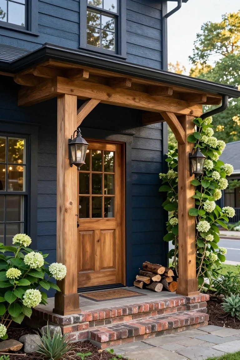 Front view of a two-story dark blue clapboard house with a covered wooden porch featuring timber posts and beams, a wood entry door with glass panels, hanging lanterns, hydrangea plants, firewood stack, brick steps, and stone path.