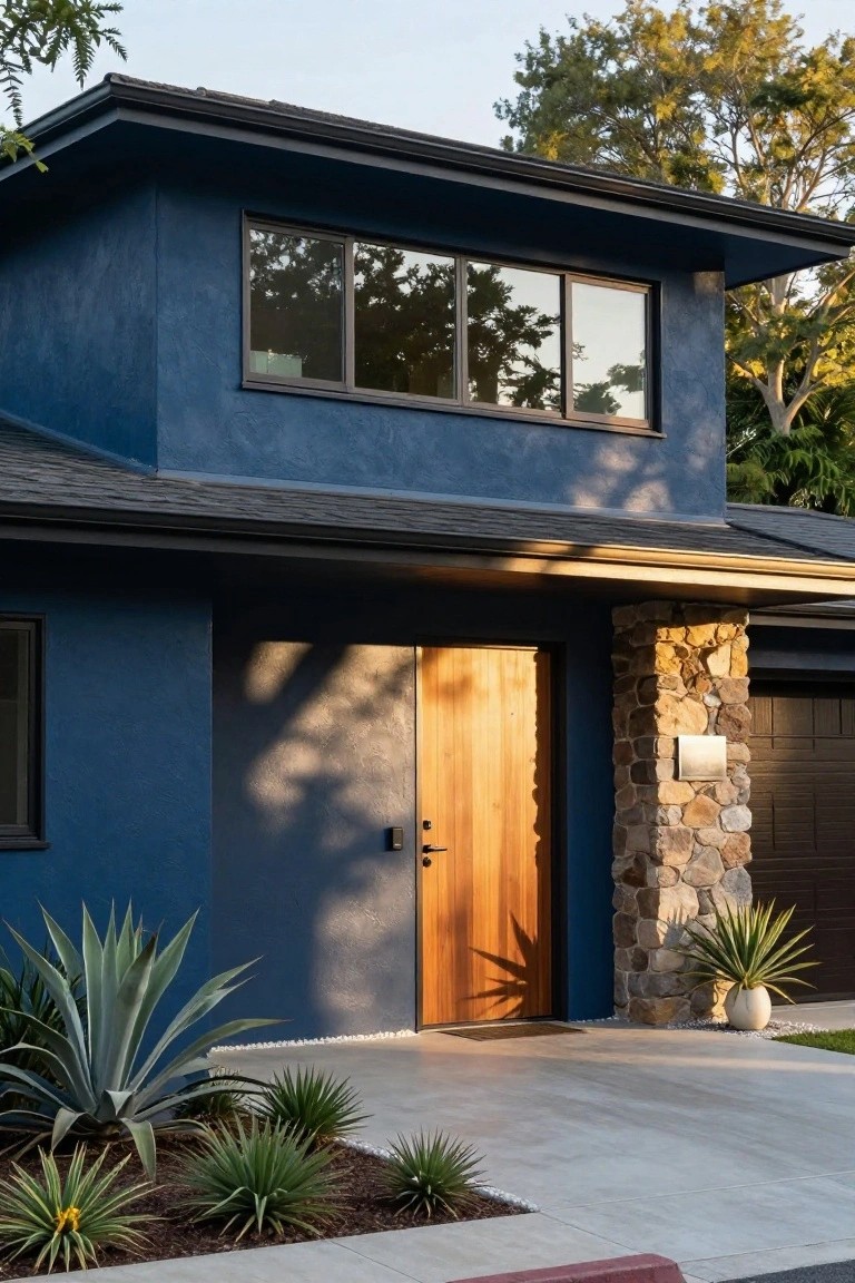 Modern two-story house with dark blue stucco walls, wooden front door, stone pillar by the entry, agave plants in front, and black garage door.