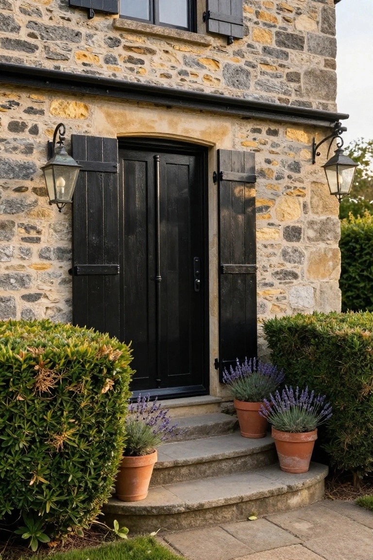 Stone house facade featuring a black wooden front door with matching shutters, flanked by copper lanterns, stone steps, and potted lavender plants with boxwood shrubs nearby.