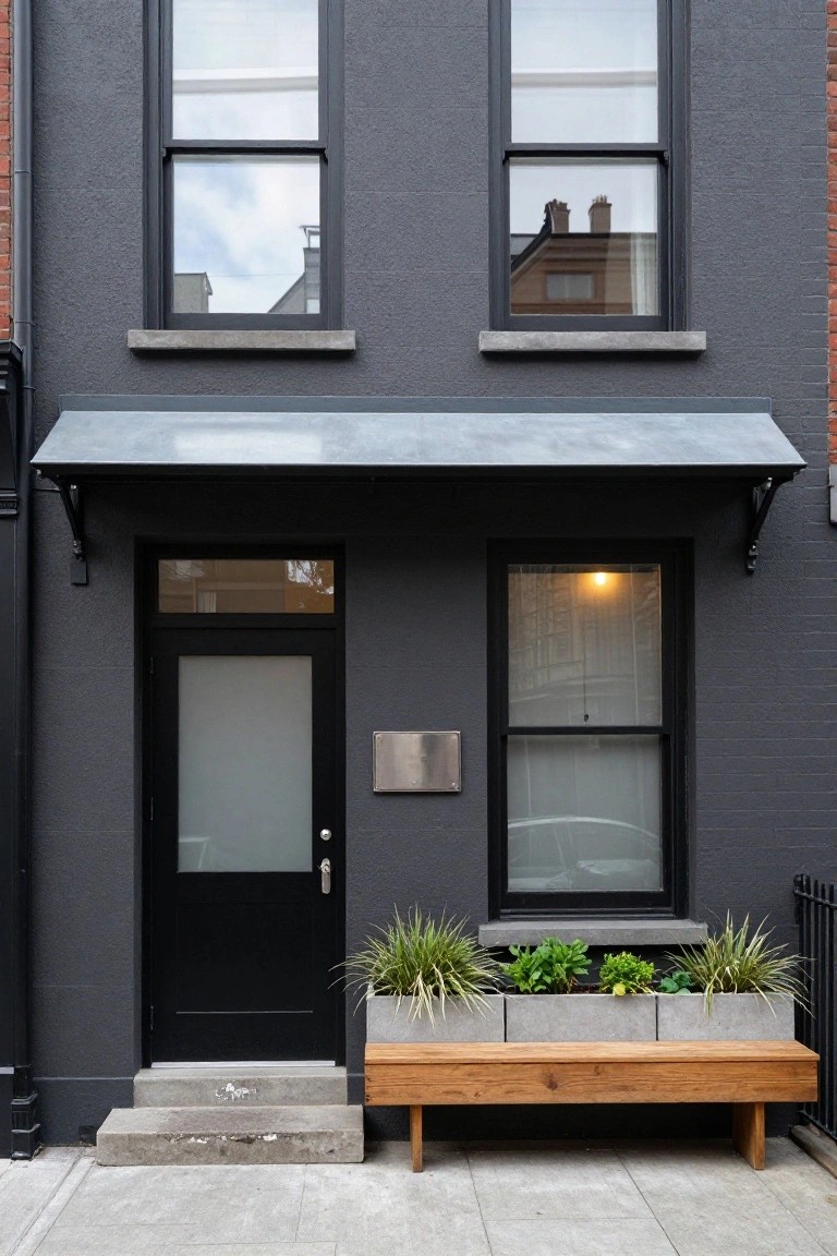 Dark grey townhouse facade with black front door featuring frosted glass panel, metal awning, black-framed windows, potted plants in concrete planters, wooden bench, and concrete steps.