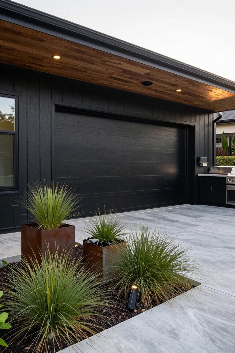 Black vertical board-and-batten siding and garage door on a house exterior under a wooden plank ceiling overhang with recessed lights, flanked by potted grasses on a gray paver patio next to an outdoor kitchen.