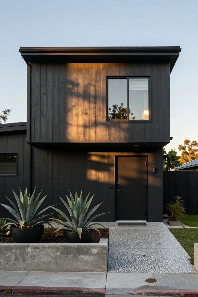 Two-story modern house with black vertical timber siding, large upper window, black front door, two potted agave plants, concrete retaining walls, pebbled entry path, and adjacent yard.