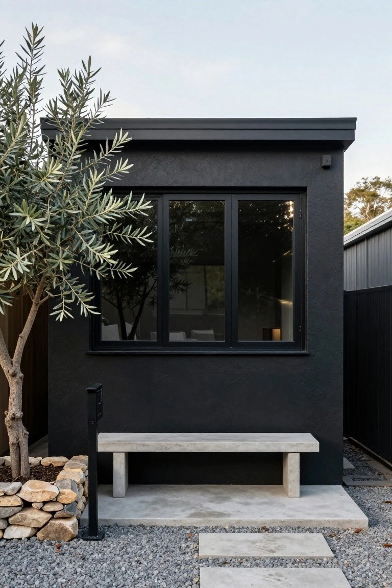 Small rectangular black building with textured walls, large black-framed window, olive tree and stone planter to the left, concrete bench on gravel ground with concrete pavers.