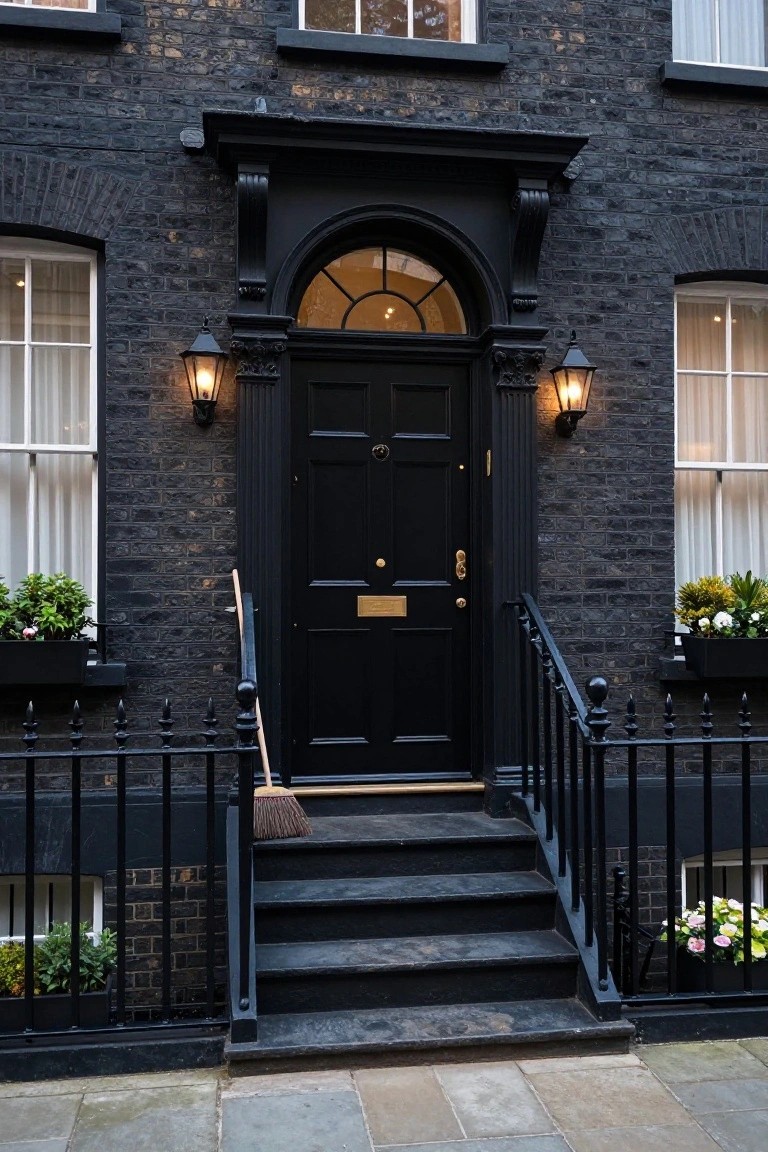 Dark brick terraced house exterior with black paneled front door under arched fanlight window, flanked by black lanterns, black iron railing and steps leading to the entrance, and plants in black window boxes.