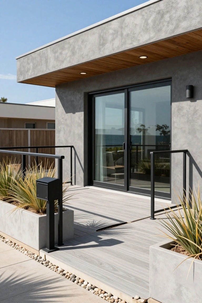 Contemporary house exterior with textured dark gray stucco walls, wooden ceiling overhang, black-framed sliding glass doors opening to a light wood deck with black railings, potted agave plants in concrete planters, and a pebble ground path near the ocean.
