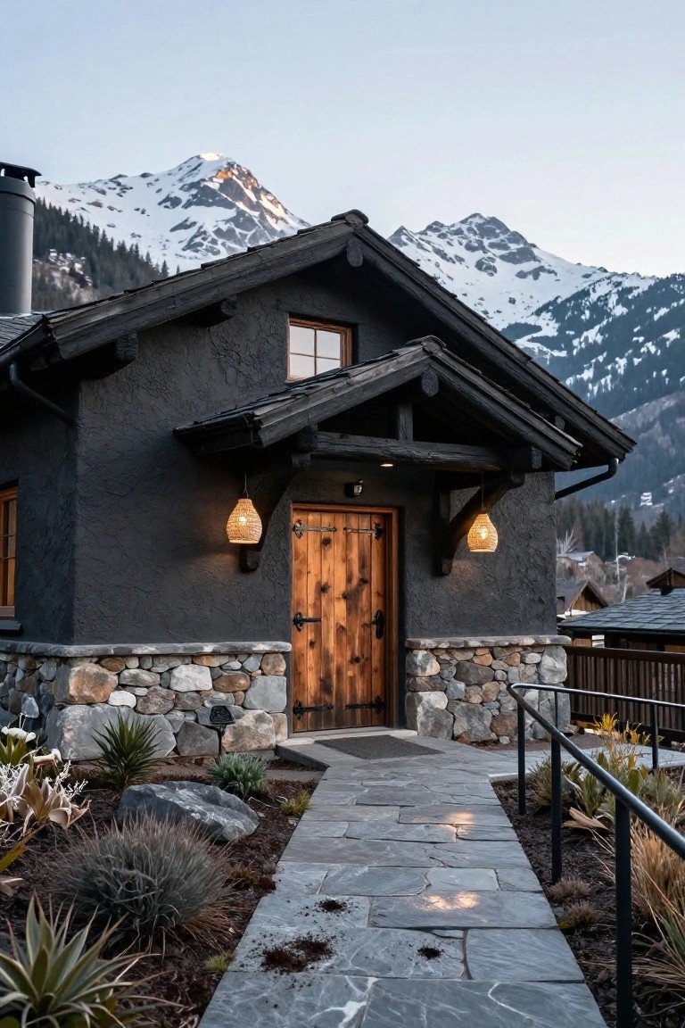 Dark grey chalet house exterior with textured black walls, wooden front door with iron hinges, stone foundation, woven pendant lanterns, slate stone pathway, and agave plants, backed by snowy mountains at dusk.