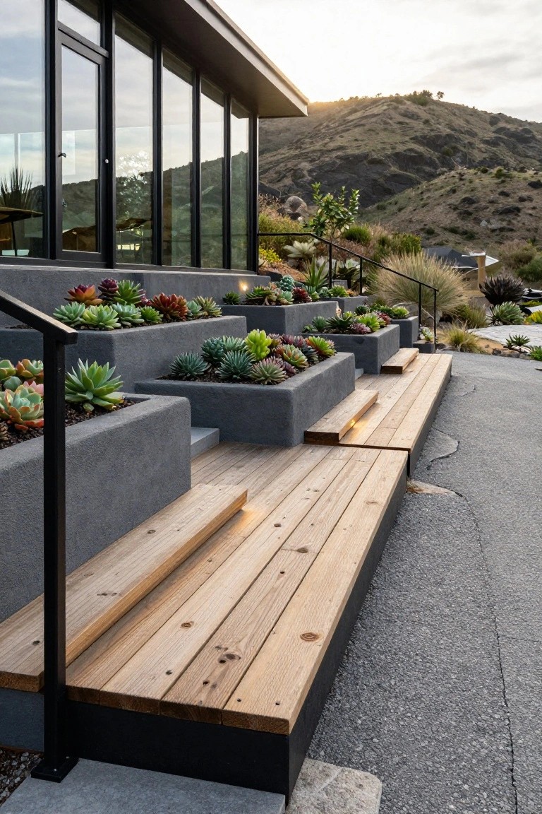 Side view of a modern house entry featuring dark grey concrete terraced steps with built-in planters filled with colorful succulents, wooden decking, black metal railings, large glass windows, and a hillside backdrop.